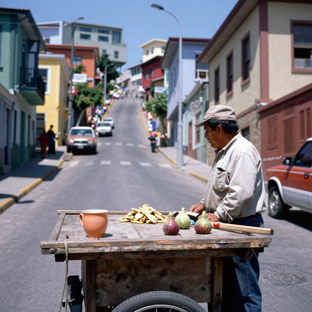 Midday Street Scene in Valparaiso Chile with Ceramic Cup and Fig Tree in in Valparaiso, Chile