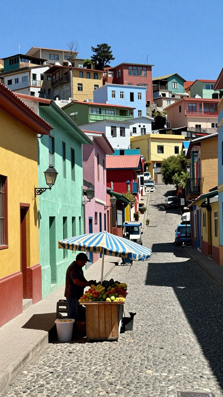 Midday Street Scene in Valparaiso Chile with Colorful Buildings and Local Market Details in in Valparaiso, Chile