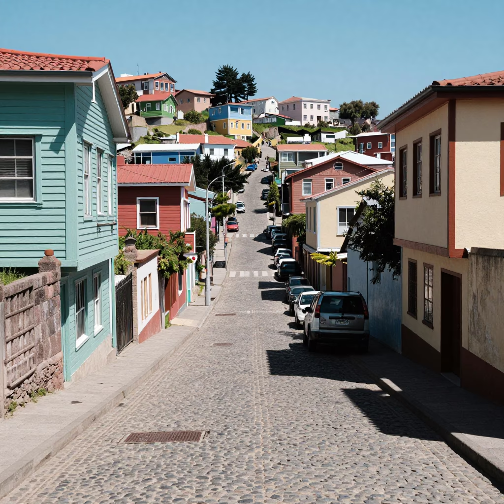 Midday street scene in Valparaiso Chile with colorful hills and street vendor in in Valparaiso, Chile