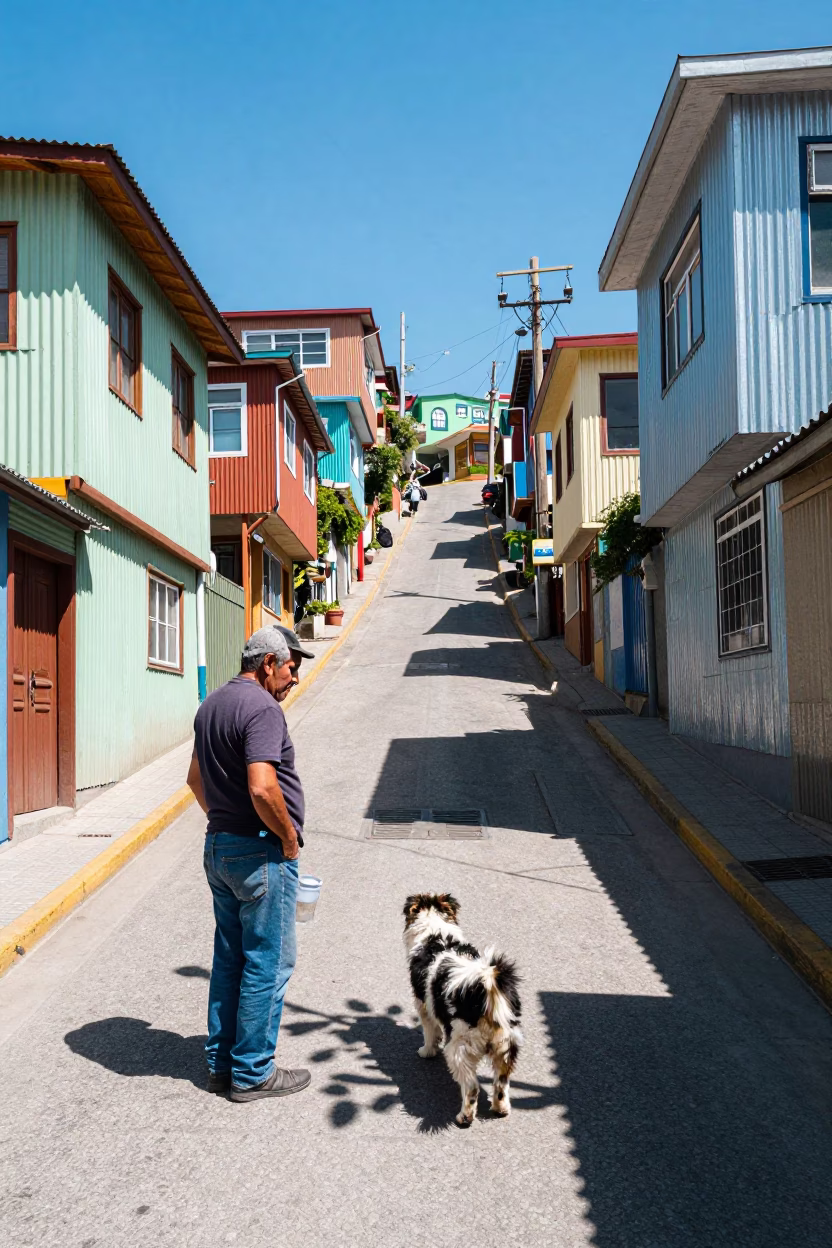 Midday Street Scene in Valparaiso Chile with Local Man and Lhasa Apso Dog in in Valparaiso, Chile