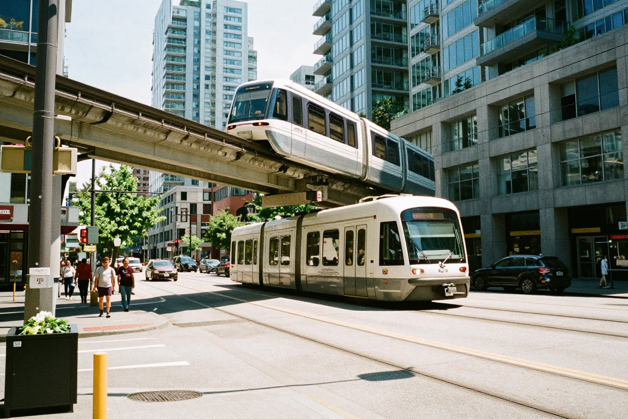 Midday Street Scene in Vancouver British Columbia with Monorail and Urban Activity in in Vancouver, British Columbia, Canada