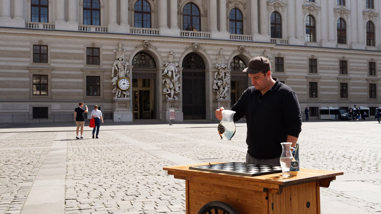 Midday Street Scene in Vienna Austria with Pitcher and Chess Clock Details in in Vienna, Austria