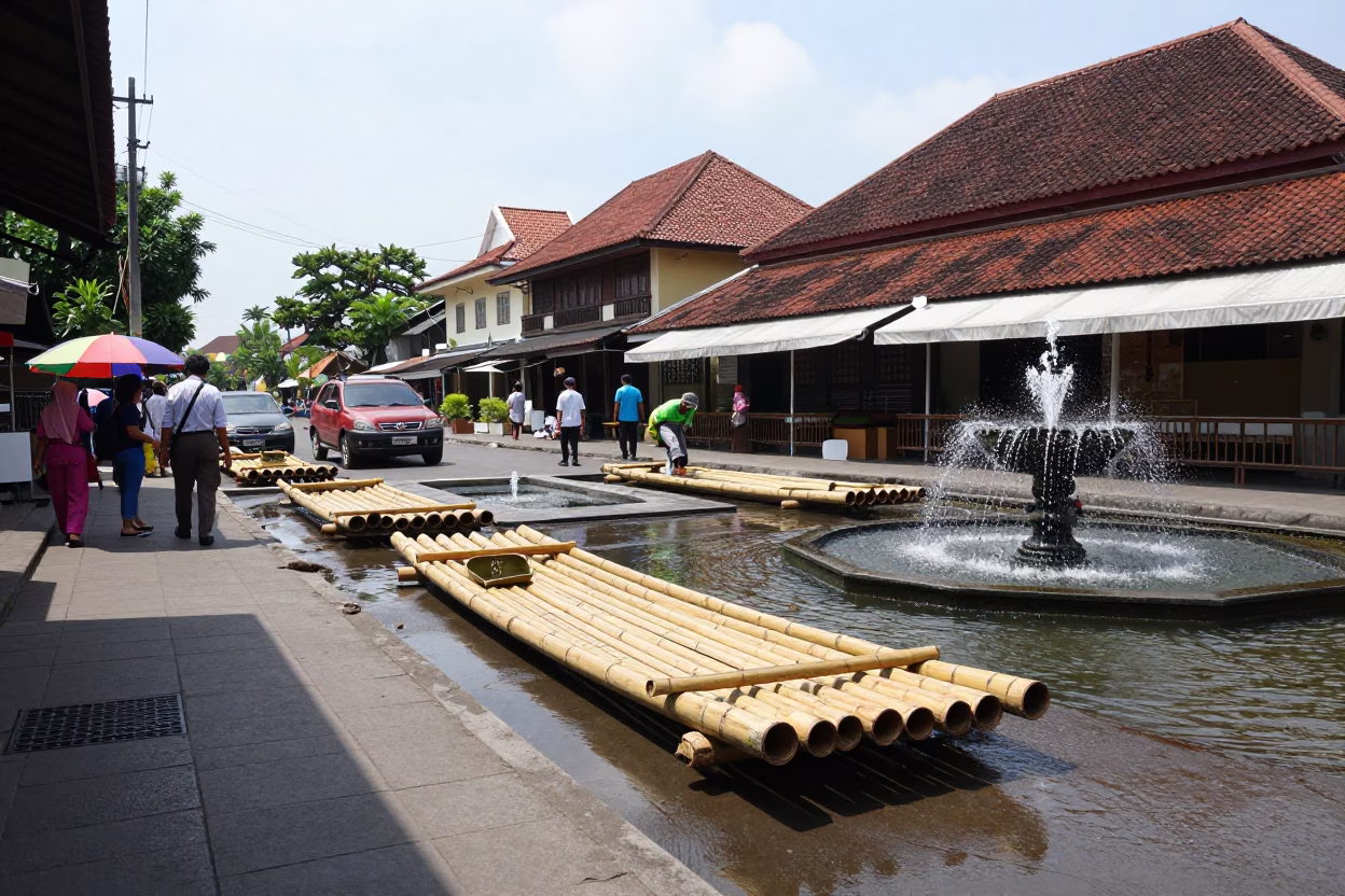Midday Street Scene in Yogyakarta Indonesia with Bamboo Raft and Fountain Spray in in Yogyakarta, Indonesia