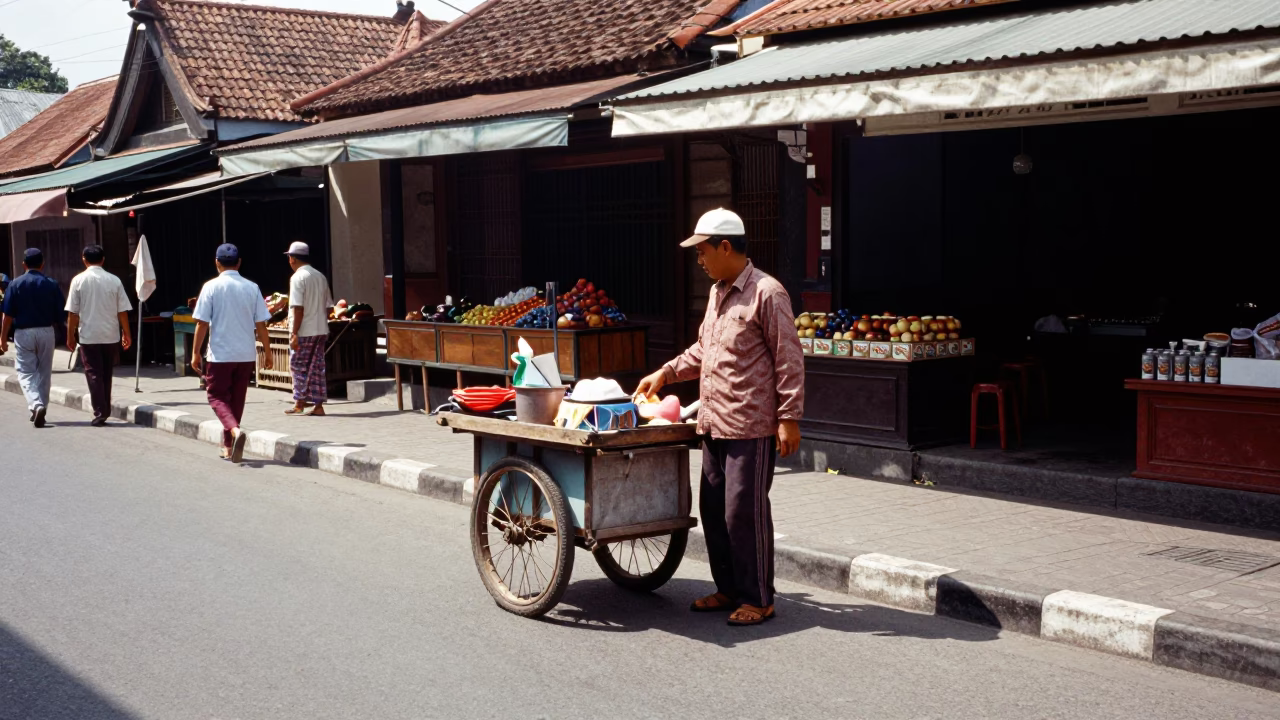 Midday Street Scene in Yogyakarta Indonesia with Local Vendor and Traditional Architecture in in Yogyakarta, Indonesia