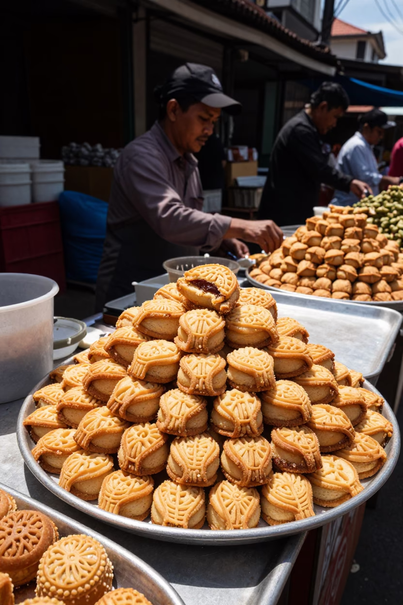 Midday Street Scene in Yogyakarta Indonesia with Traditional Maamoul Date Cookies in in Yogyakarta, Indonesia