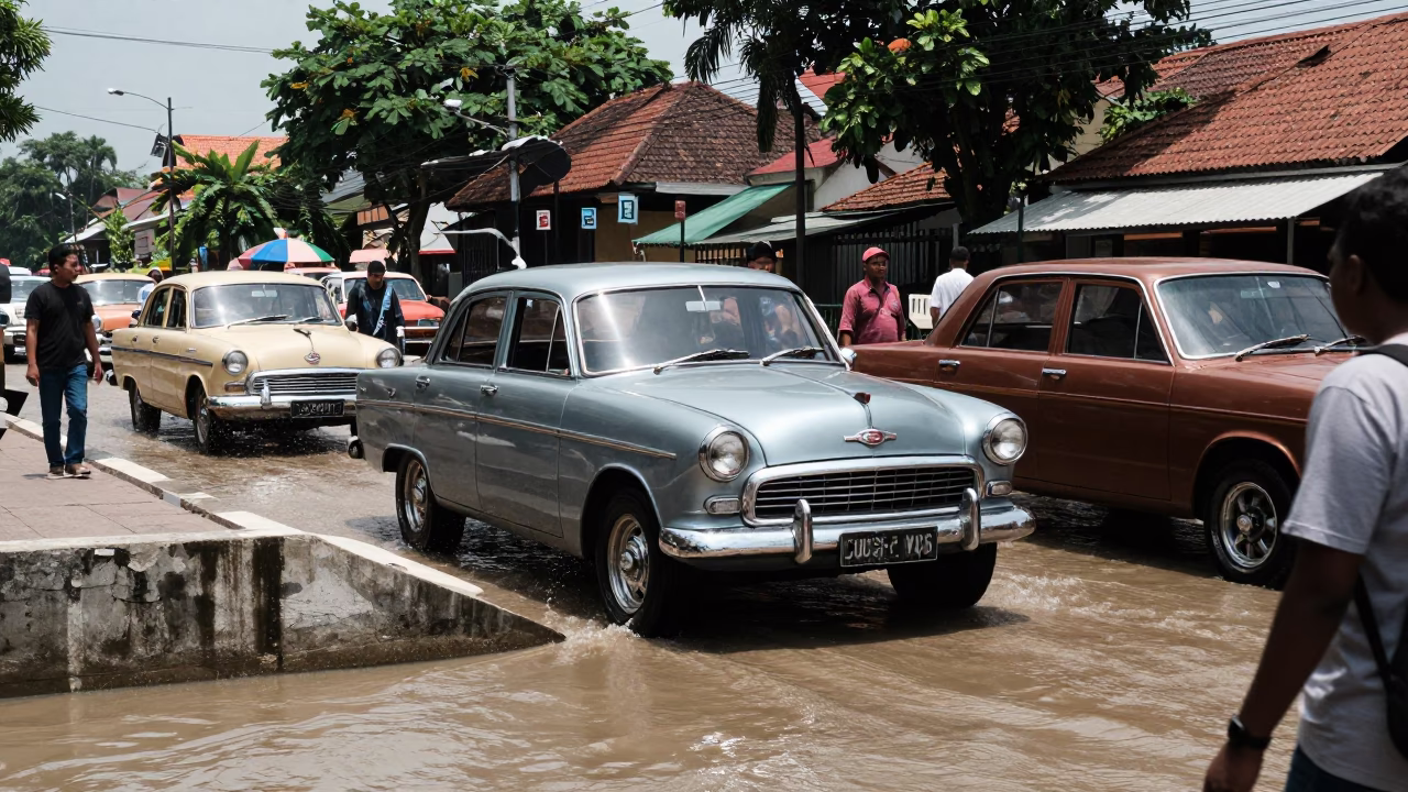 Midday Street Scene in Yogyakarta Indonesia with Vintage Car and Bridge Pier in in Yogyakarta, Indonesia