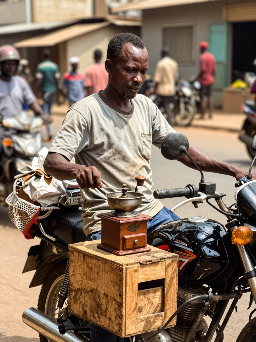 Midday Street Vendor in Accra Ghana Selling Coffee Grinder and Local Snacks in in Accra, Ghana