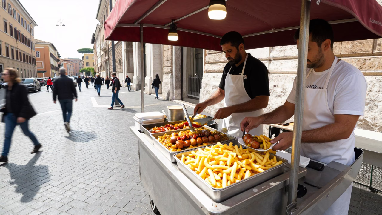 Midday Street Vendor in Rome Italy Serving Currywurst and Fries to Tourists in in Rome, Italy
