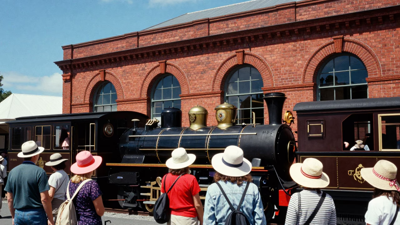 Midday Sun Hats and Heritage Steam Train in Christchurch New Zealand in in Christchurch, New Zealand