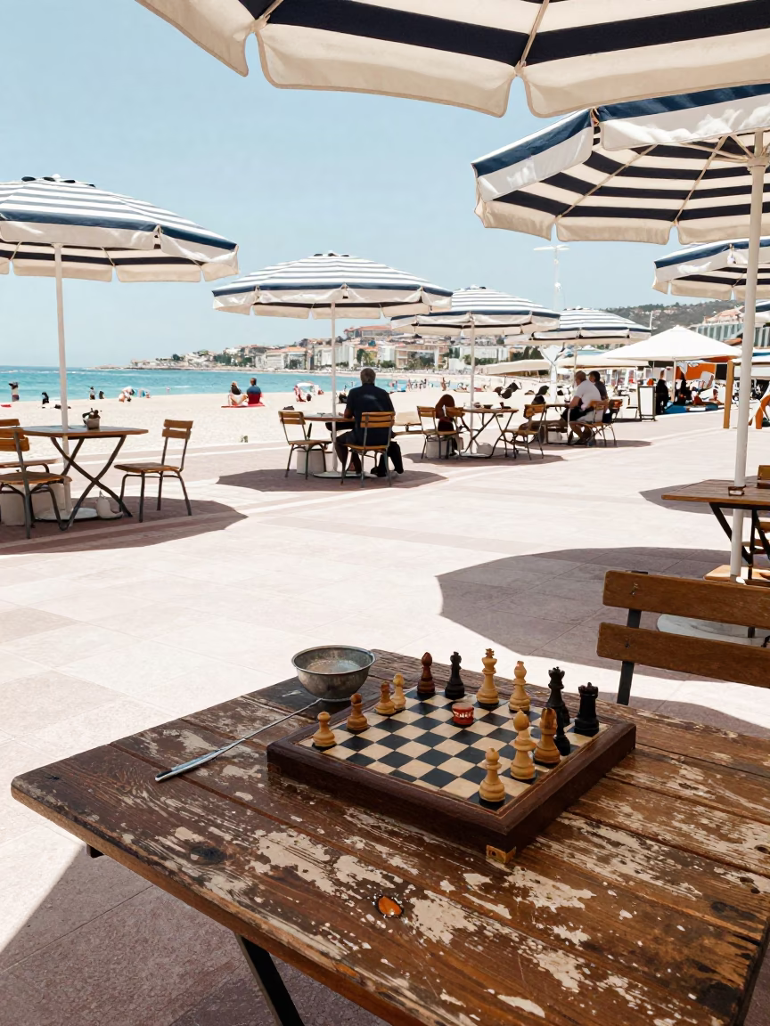 Midday Sun on Promenade des Anglais with Tea Strainer and Chess Clock in in Nice, France