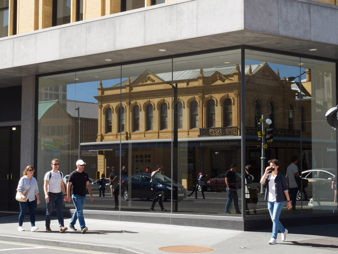 Midday Sunlight and Clear Glass Wall Reflections in Downtown Hobart Tasmania in in Hobart, Tasmania, Australia