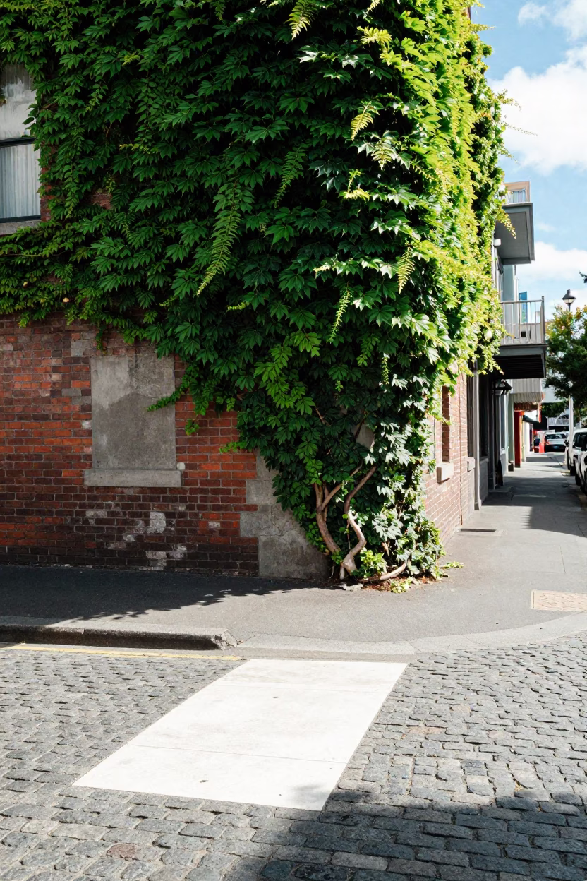 Midday Sunlight and Ivy on Wellington Street Corner in in Wellington, New Zealand