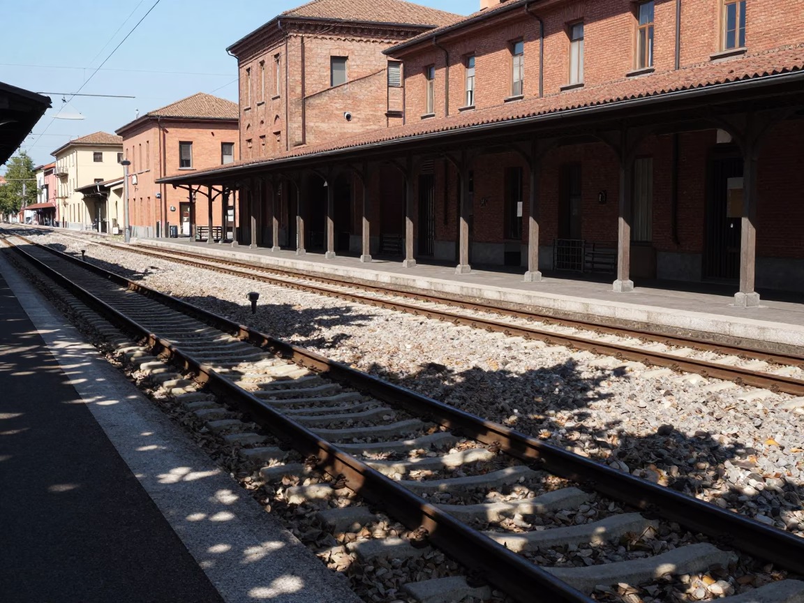 Midday Sunlight and Leaf Shadows on Bologna Italy Railway Rail in in Bologna, Italy