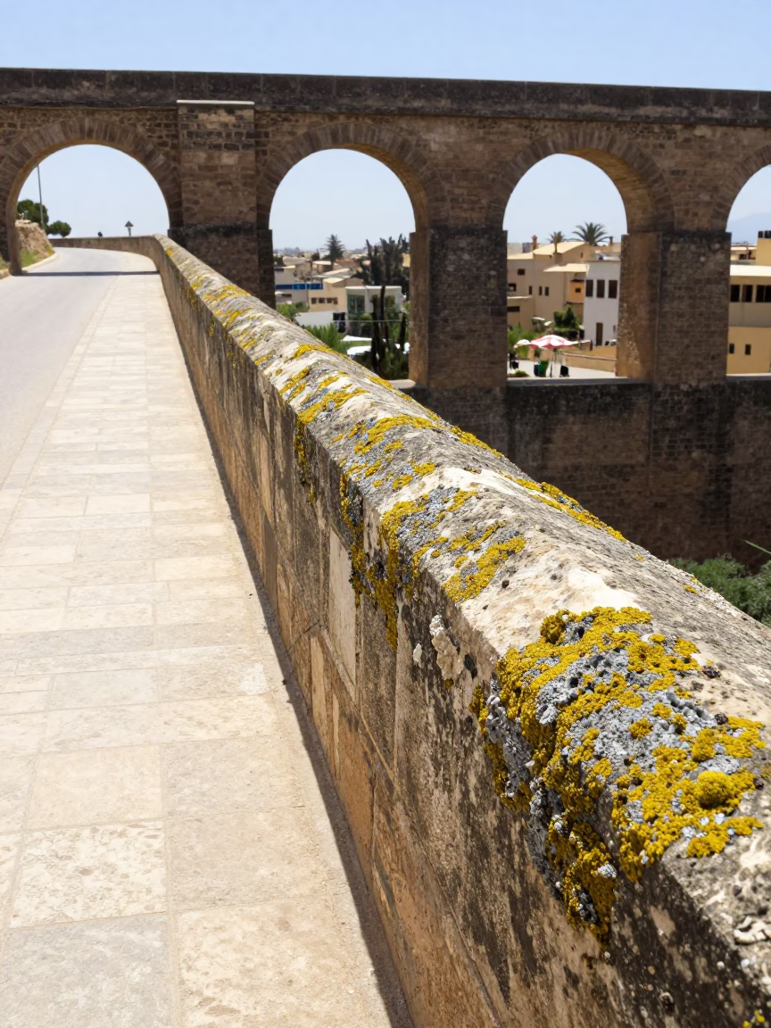 Midday Sunlight and Lichen Parapets on Fez Morocco Aqueduct Maintenance Path in in Fez, Morocco