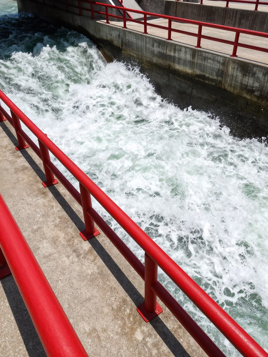 Midday Sunlight and Red Railings at Phuket Spillway Chute in Thailand in in Phuket, Thailand