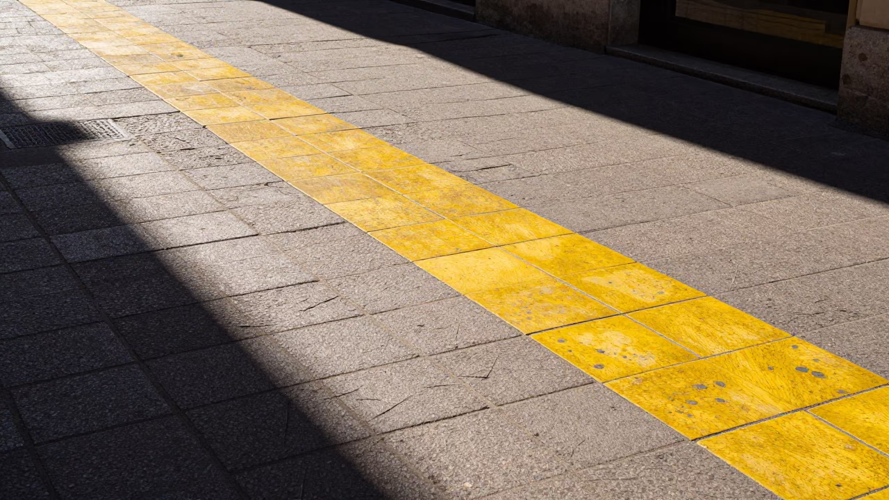 Midday Sunlight and Urban Shadows on Milanese Tile Pavement in in Milan, Italy
