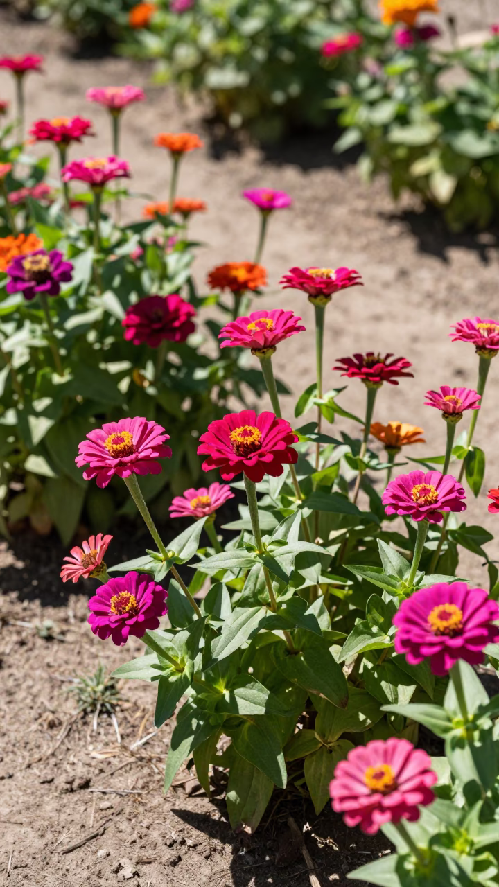 Midday Sunlight and Vibrant Zinnias in a Perth Western Australia Garden Bed in in Perth, Western Australia, Australia