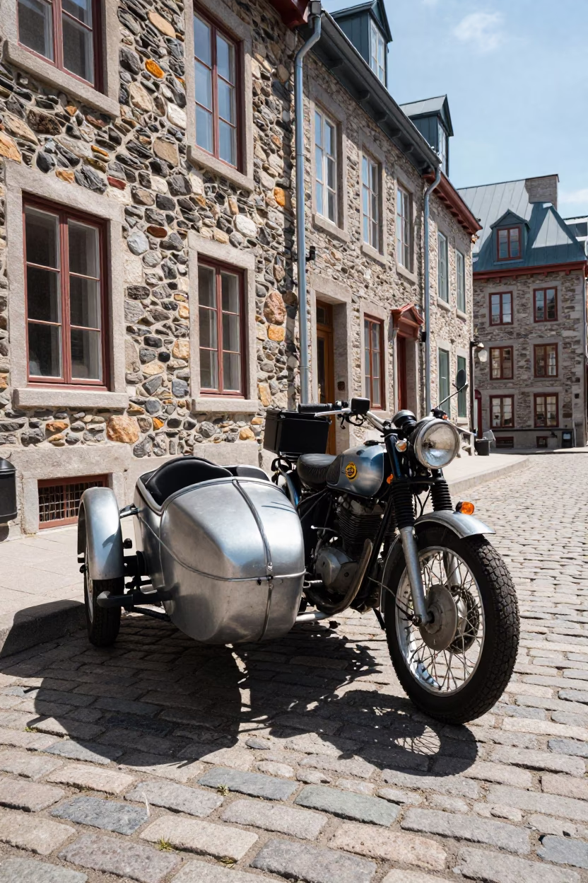 Midday Sunlight and Vintage Motorcycle in Quebec City Old Town Cobblestone Street in in Quebec City, Quebec, Canada