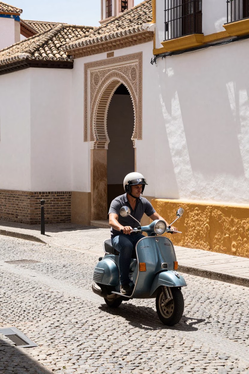 Midday Sunlight and Vintage Scooter Weaving Through Granada Spain Old Town Streets in in Granada, Spain