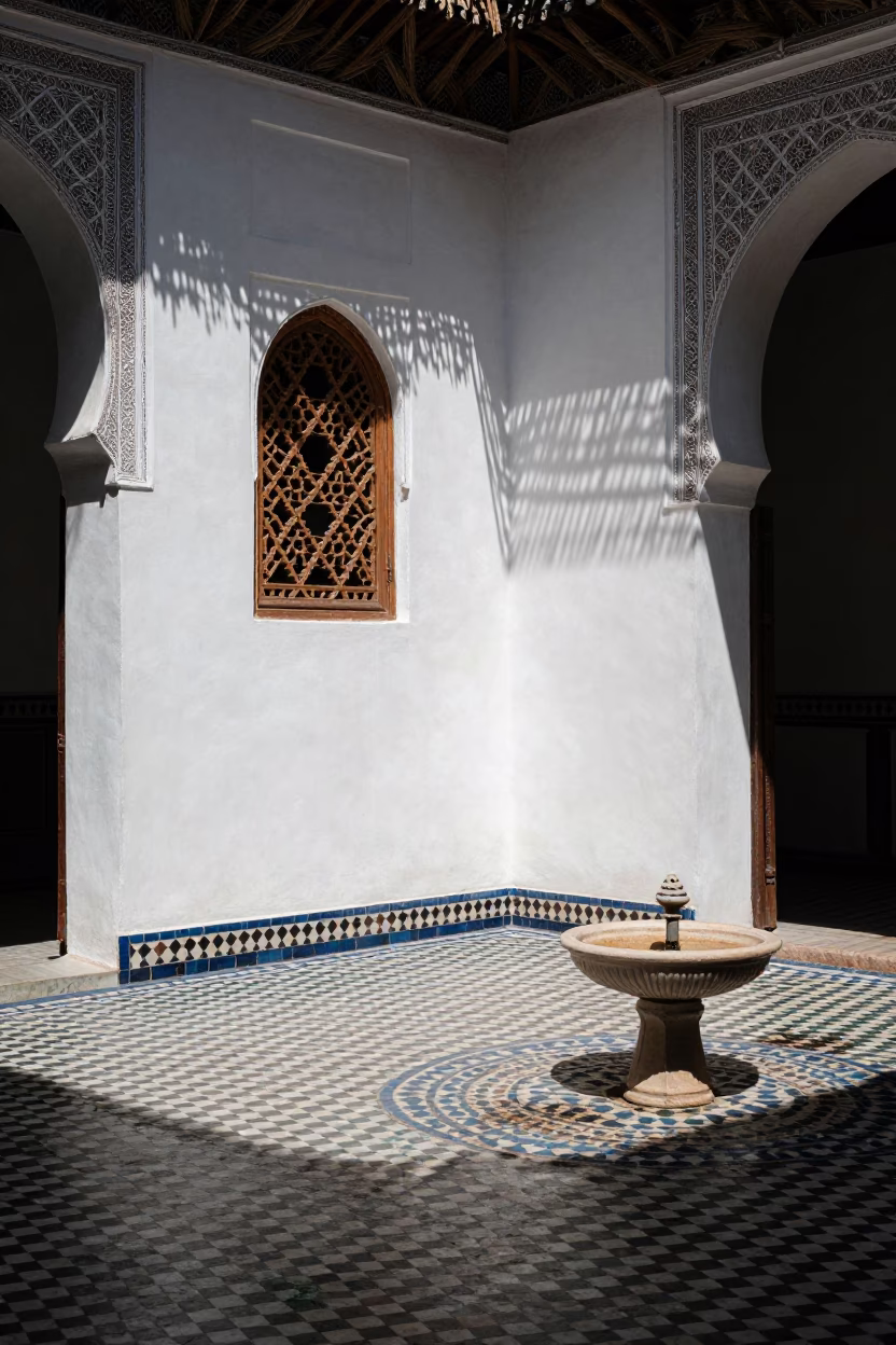Midday Sunlight and Wicker Shadows in a Marrakech Riad Courtyard in in Marrakech, Morocco