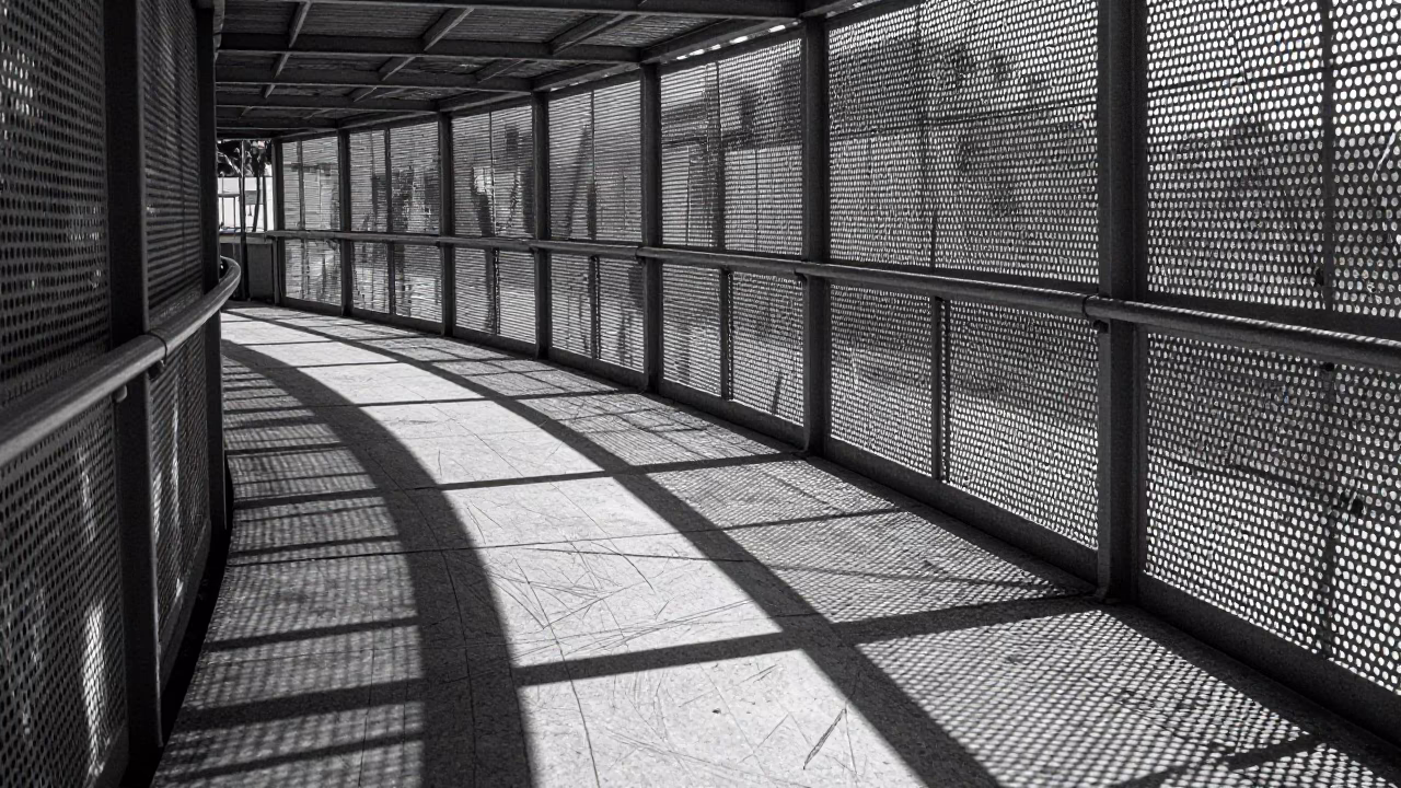Midday Sunlight on Adelaide Pedestrian Overpass with Perforated Metal and Wet Footsteps in in Adelaide, South Australia, Australia