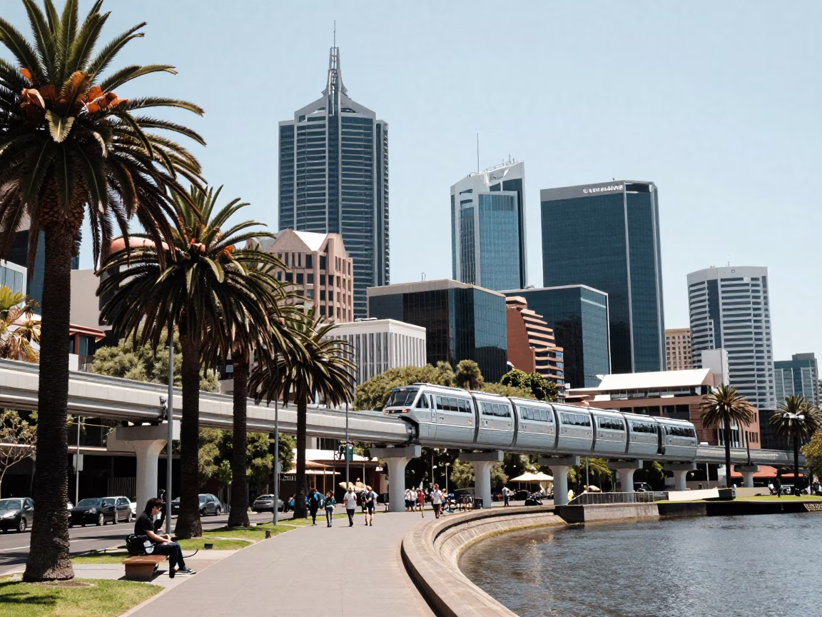 Midday Sunlight on Adelaide Skyline with Monorail and Palm Trees in South Australia in in Adelaide, South Australia, Australia