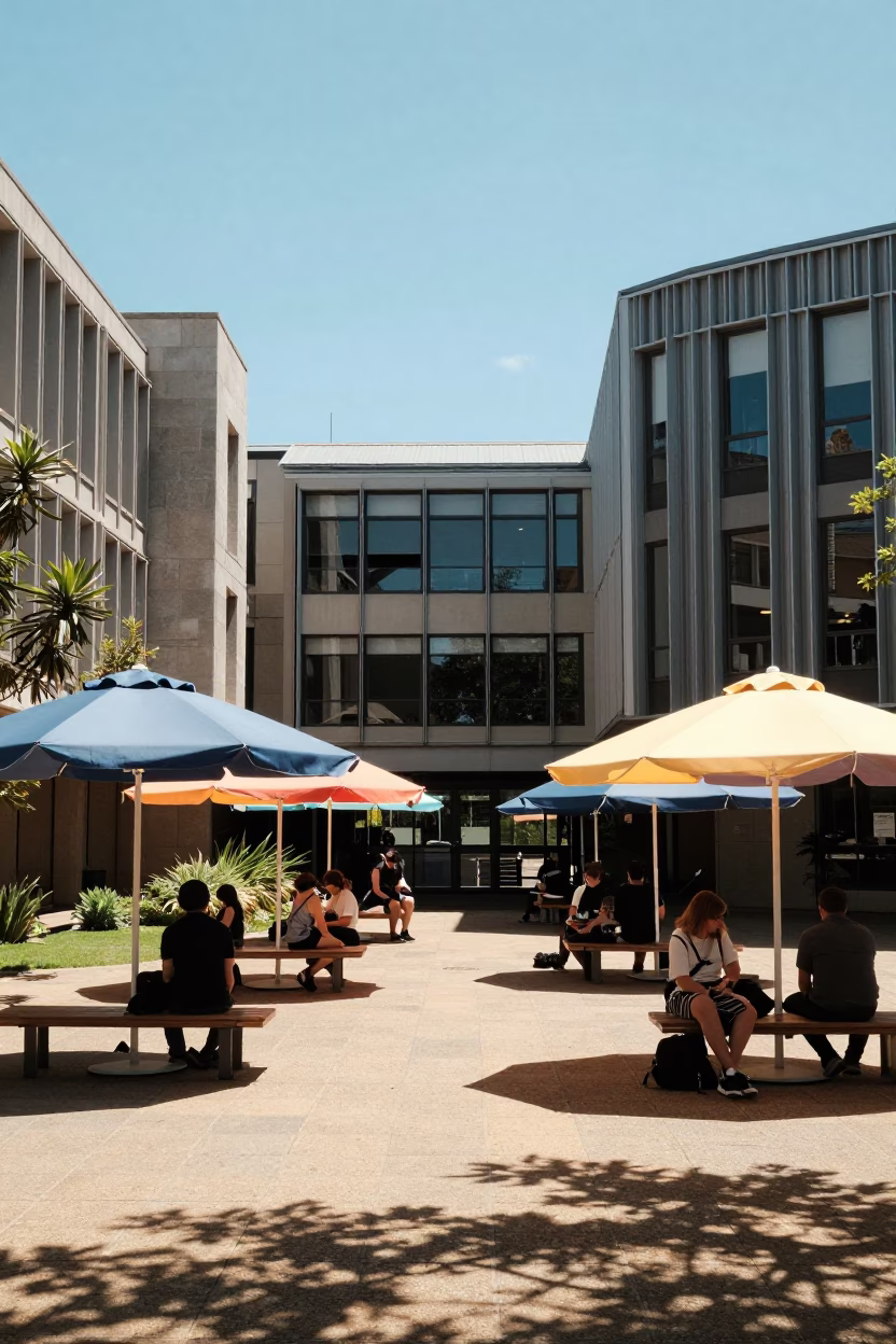 Midday Sunlight on Adelaide University Courtyard with Umbrellas Between Seminar Blocks in in Adelaide, South Australia, Australia
