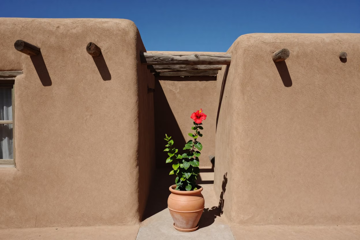 Midday Sunlight on Adobe Walls and Hibiscus Flower in Santa Fe New Mexico in in Santa Fe, New Mexico, United States
