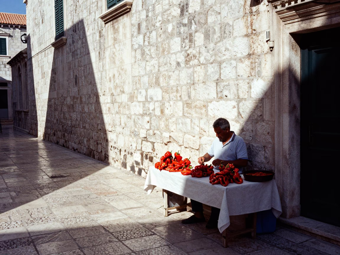 Midday Sunlight on Ancient Dubrovnik Stone Walls and Local Street Life in in Dubrovnik, Croatia
