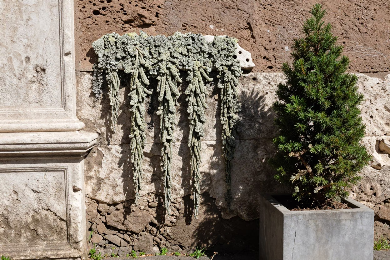 Midday Sunlight on Ancient Roman Stone and Lichen Near Trevi Fountain Area in in Rome, Italy