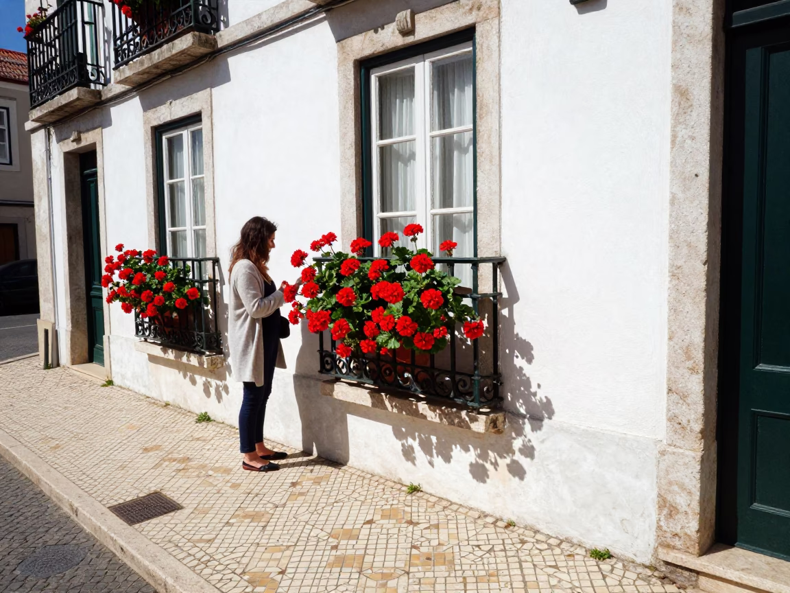 Midday Sunlight on Azulejo Tile Grout and Geraniums in Lisbon Portugal in in Lisbon, Portugal