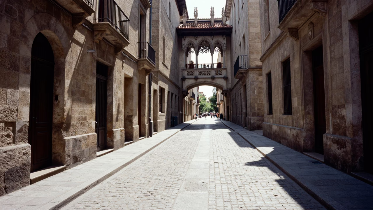 Midday Sunlight on Barcelona Gothic Quarter Cobblestones and Traditional Stone Architecture in in Barcelona, Spain