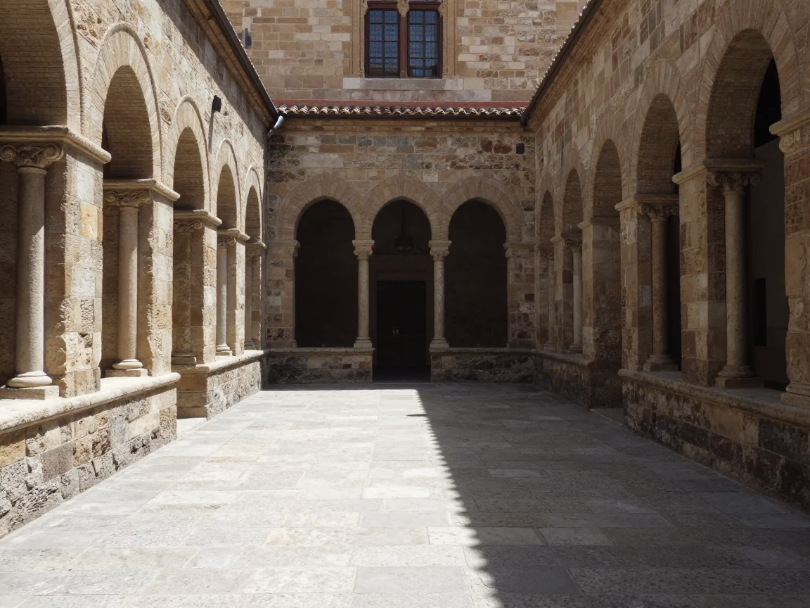 Midday Sunlight on Barcelona University Cloister Walkway Between Old Stone Buildings in in Barcelona, Spain