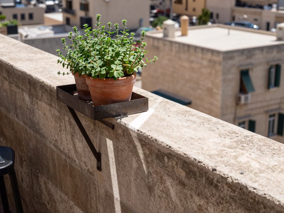 Midday Sunlight on Beirut Rooftop Terrace with Herb Plant and Condensation in in Beirut, Lebanon