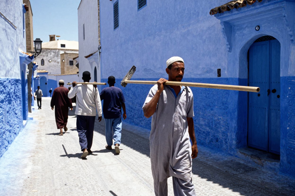 Midday Sunlight on Blue Porters Carrying Rakes in Historic Essaouira Morocco Coastal City in in Essaouira, Morocco