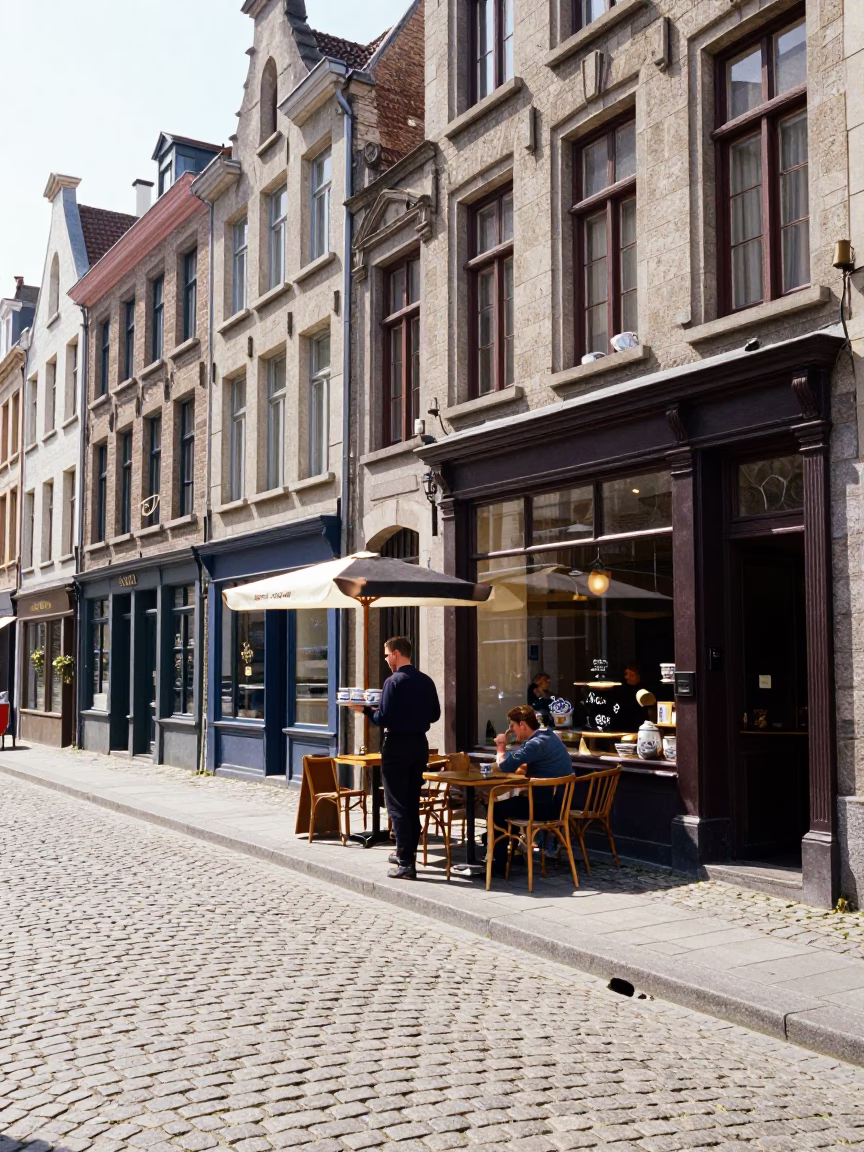 Midday Sunlight on Brussels Cobblestone Street with Local Shop Display in in Brussels, Belgium