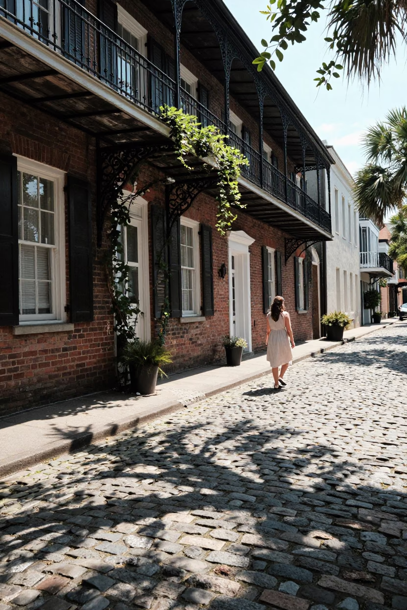 Midday Sunlight on Charleston Historic District Cobblestones with Vine and Ironwork in in Charleston, South Carolina, United States