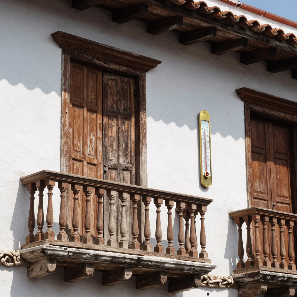 Midday Sunlight on Colonial Cartagena Colombia Balcony with Thermometer and Street Life in in Cartagena, Colombia