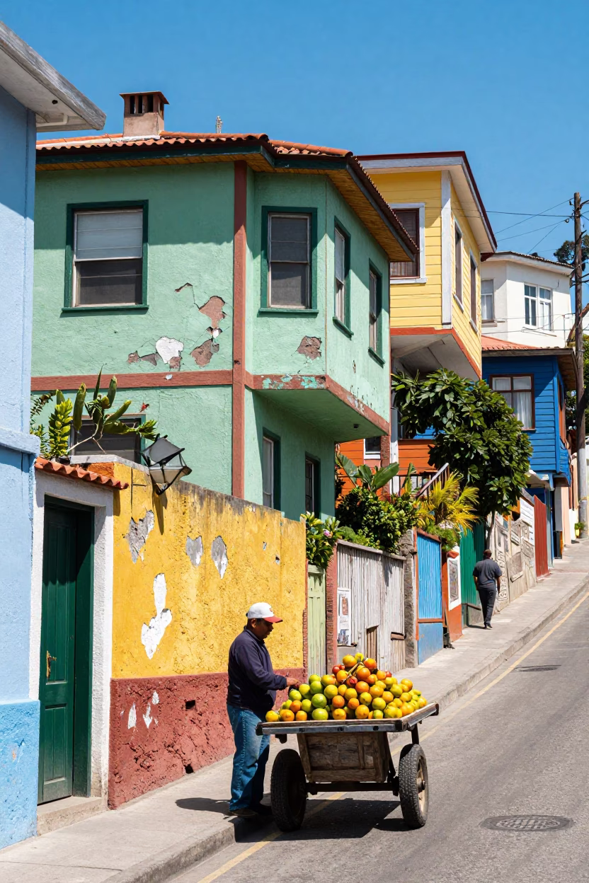 Midday Sunlight on Colorful Valparaiso Hillside Street with Fruit Vendor in in Valparaiso, Chile