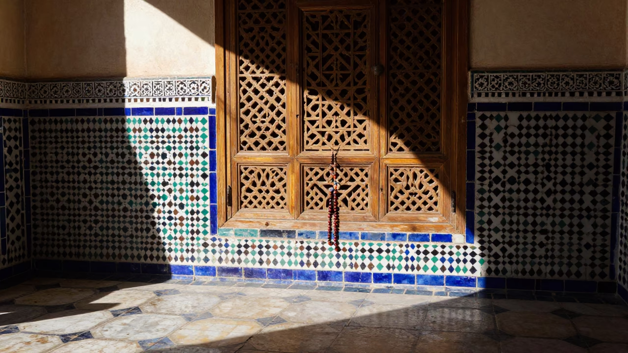 Midday Sunlight on Fez Tile Grout and Prayer Beads in Moroccan Medina in in Fez, Morocco