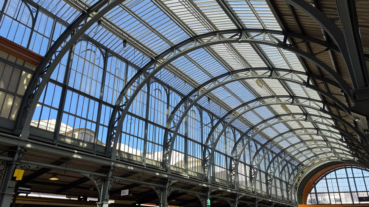 Midday Sunlight on Glass and Steel Train Station Arched Roof in Adelaide South Australia in in Adelaide, South Australia, Australia