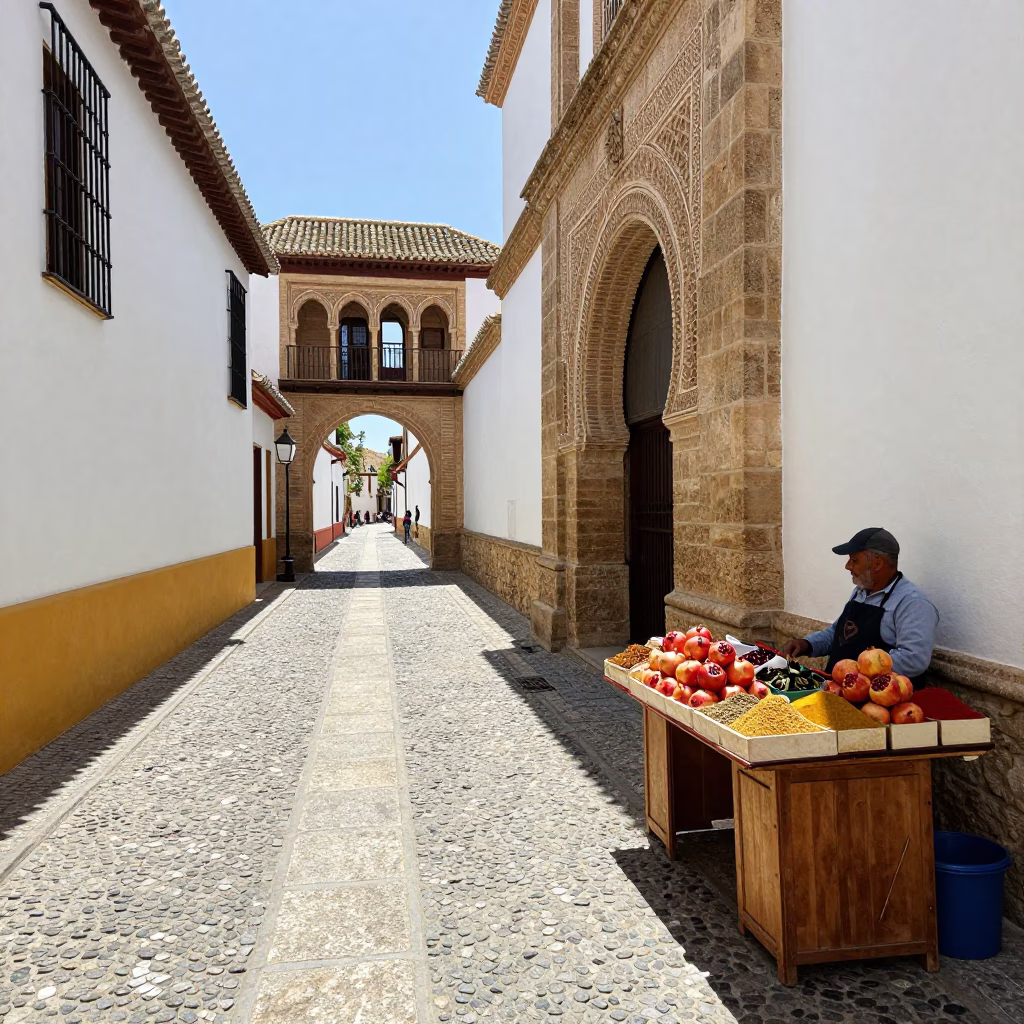 Midday Sunlight on Granada Spain Historic Street with Stone Architecture and Local Life in in Granada, Spain