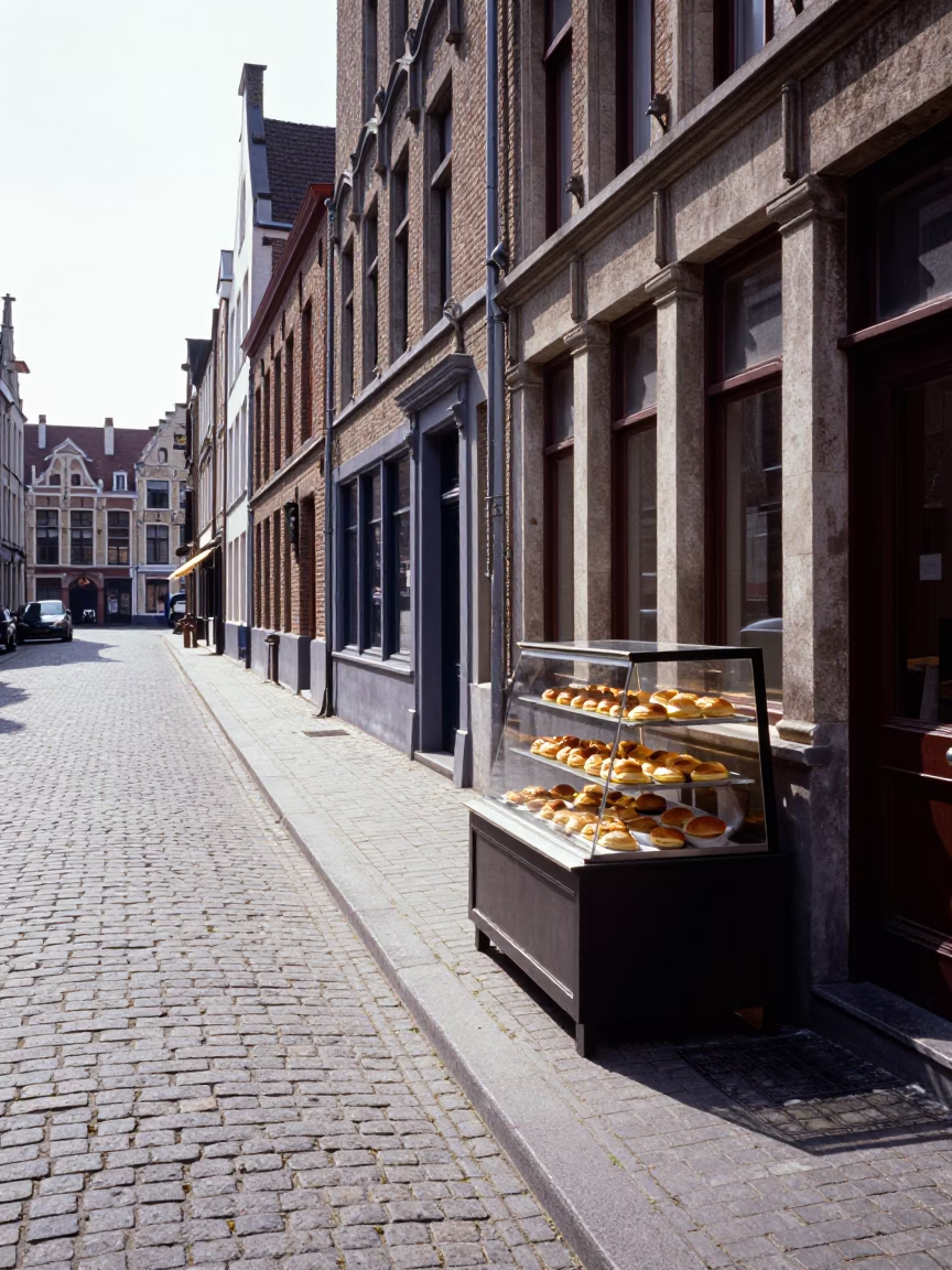 Midday Sunlight on Historic Brussels Cobblestone Street with Traditional Bakery Display and Pedestrians in in Brussels, Belgium