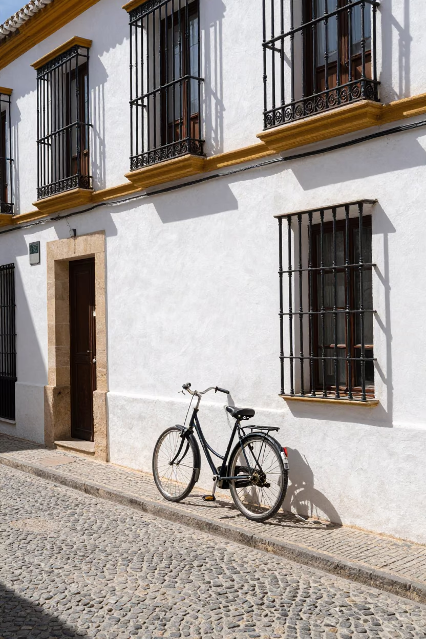 Midday Sunlight on Historic Granada Street with Vintage Bicycle and Local Life in in Granada, Spain