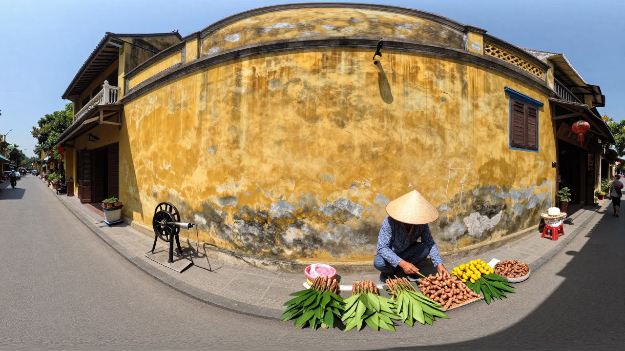 Midday Sunlight on Hoi An Yellow Walls and Street Life in in Hoi An, Vietnam