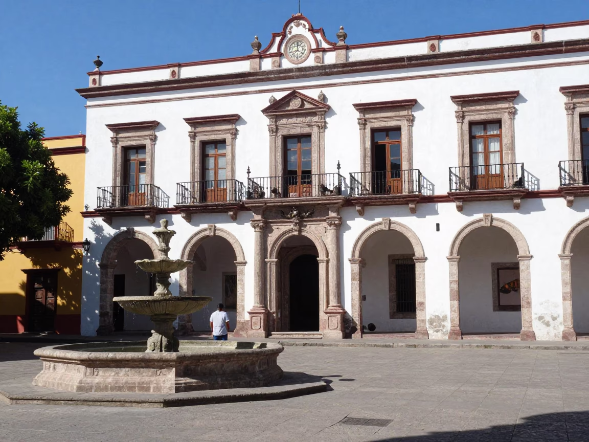 Midday Sunlight on Merida Mexico Plaza Street Scene with Colonial Architecture in in Merida, Mexico