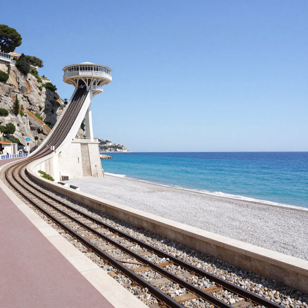 Midday Sunlight on Nice France Promenade with Funicular Railway and Stone Steps in in Nice, France