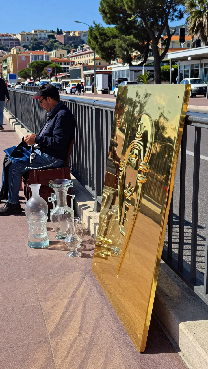Midday Sunlight on Nice Promenade Reflecting Off Polished Brass and Glass Vase in in Nice, France