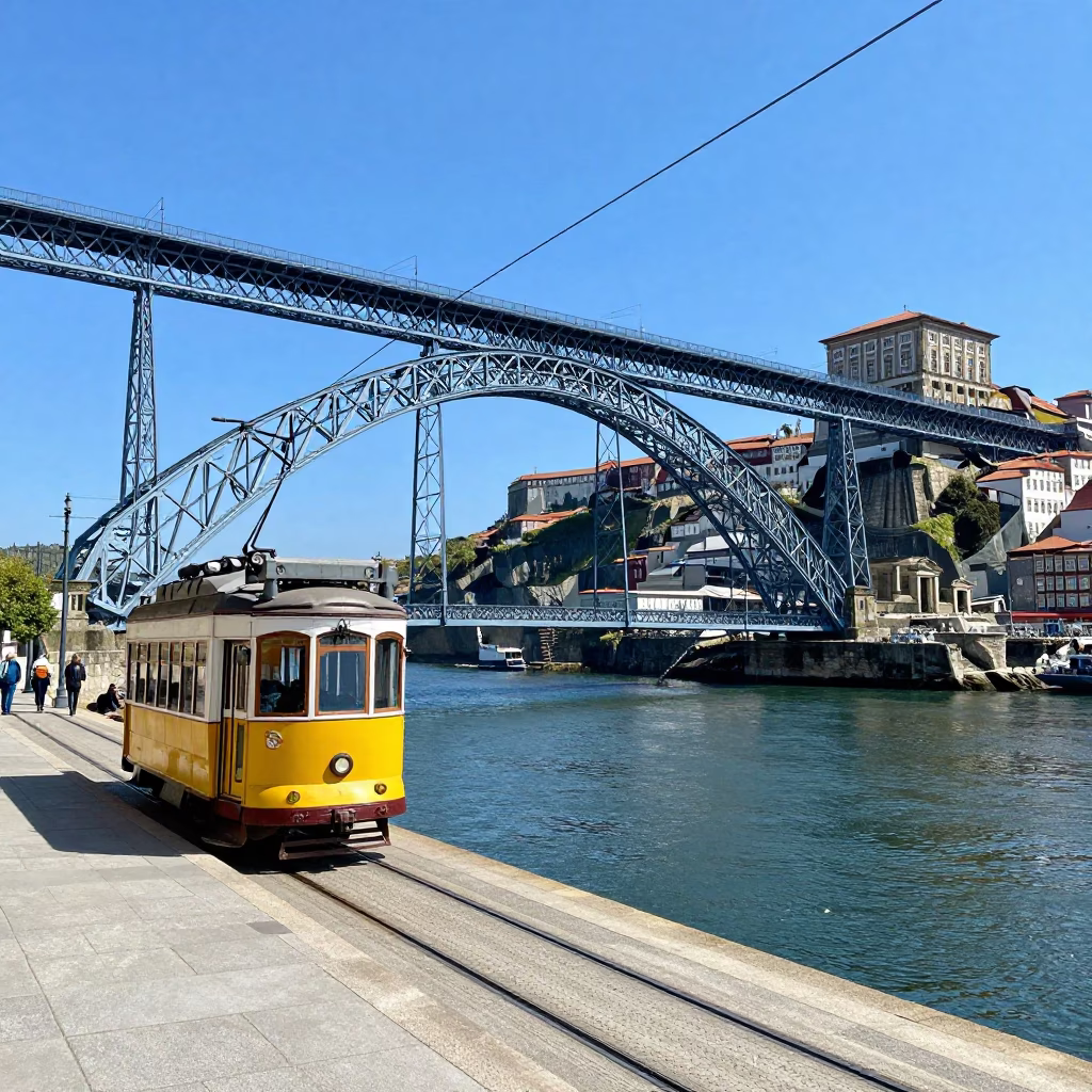 Midday Sunlight on Porto Portugal Riverfront Tram and Historic Architecture in in Porto, Portugal
