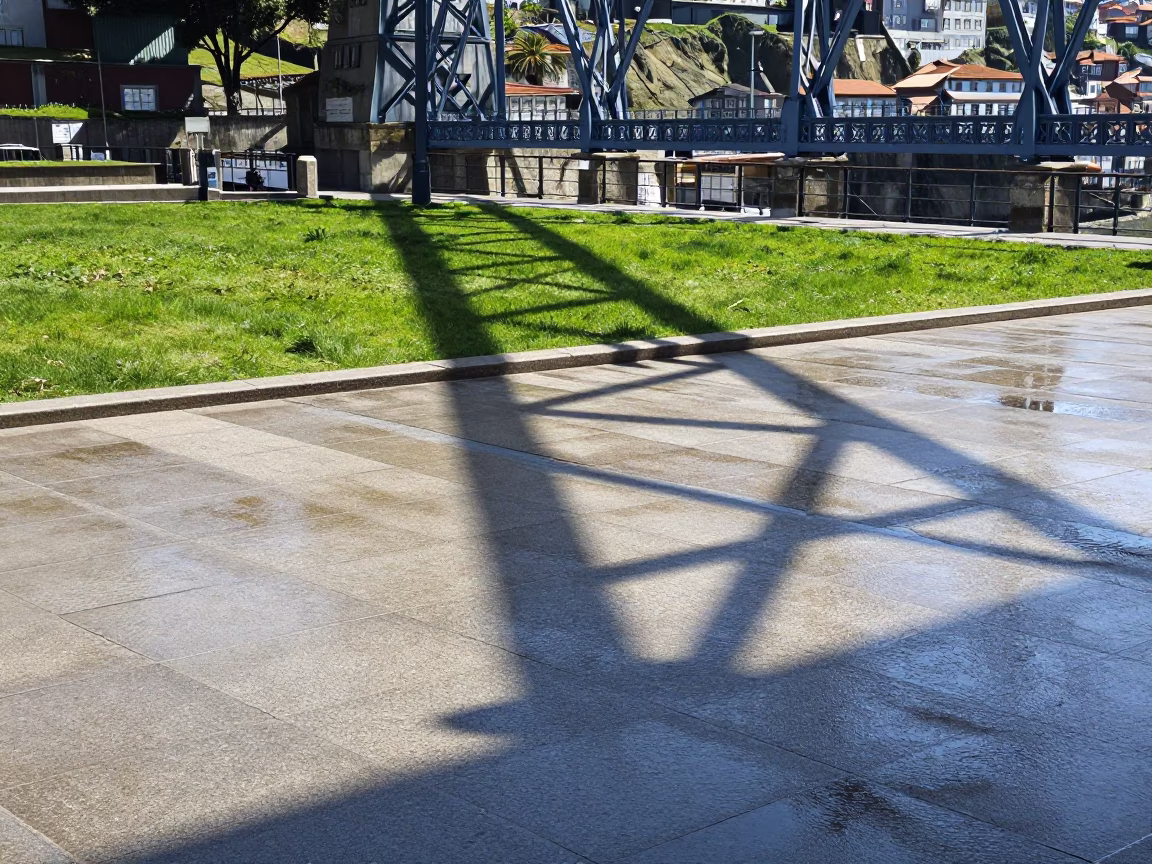 Midday Sunlight on Porto Viaduct Shadow Cutting Across Rain-Washed Allotment Gardens in in Porto, Portugal
